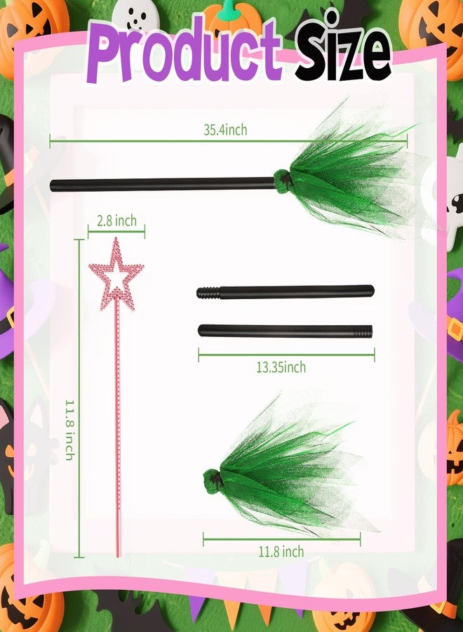Arrowbash 2 Packs Halloween Witches Broom and Witch Wands Star, Fairy Princess Wand Broomstick Cosplay Costume Props for Masquerade Dress up Party Favors (Pink and Green) - Image 3