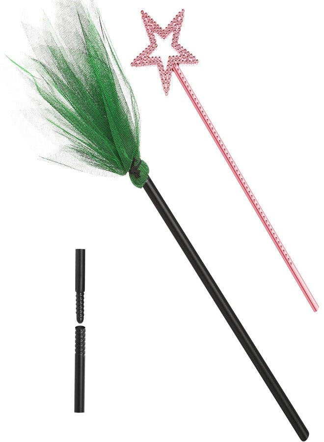 Arrowbash 2 Packs Halloween Witches Broom and Witch Wands Star, Fairy Princess Wand Broomstick Cosplay Costume Props for Masquerade Dress up Party Favors (Pink and Green) - Image 1