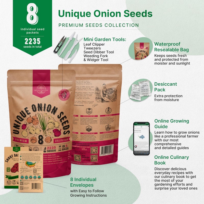 Organo Republic 8 Onion Seeds Variety Pack Heirloom, Non-GMO, Sets for Indoors, Outdoors Gardening. 2200+ Seeds: Walla Walla, Green Onion, Red Burgundy, White & Yellow Sweet Spanish Onions - Image 2