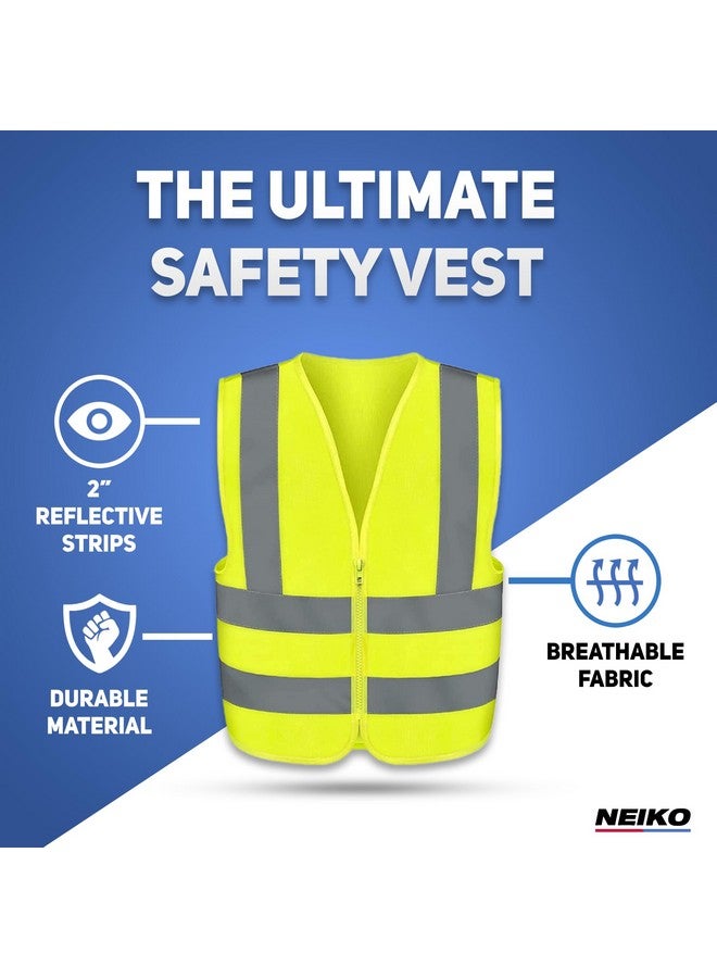 Neiko 53942A High Visibility Safety Vest with Reflective Strips | Size X-Large | Neon Yellow Color | Zipper Front | For Emergency, Construction and Safety Use - Image 1