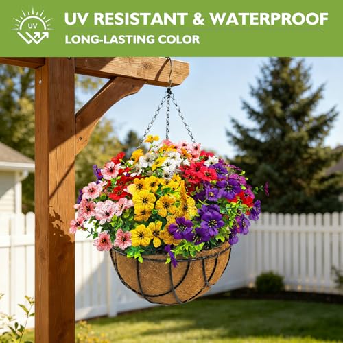WYOK 14 Bundles Artificial Flowers UV Resistant for Patio Outdoors Fake Faux Silk Plants Realistic Plastic Flowers Indoors Porch Window Decoration (14, Mixed Fuchsia Purple Yellow Red Lilac Pink White) - Image 3