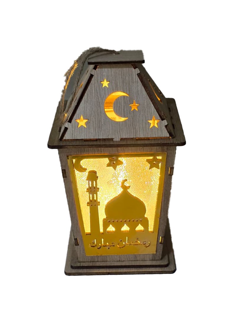 Yuwell 1 Piece Wooden Ramadan Lantern with Warm White Light, Ramadan Kareem Decoration Lamp with Moon, Star & Mosque Design, Eid Decorative Lantern for Indoor & Outdoor Islamic Home Décor - Image 1