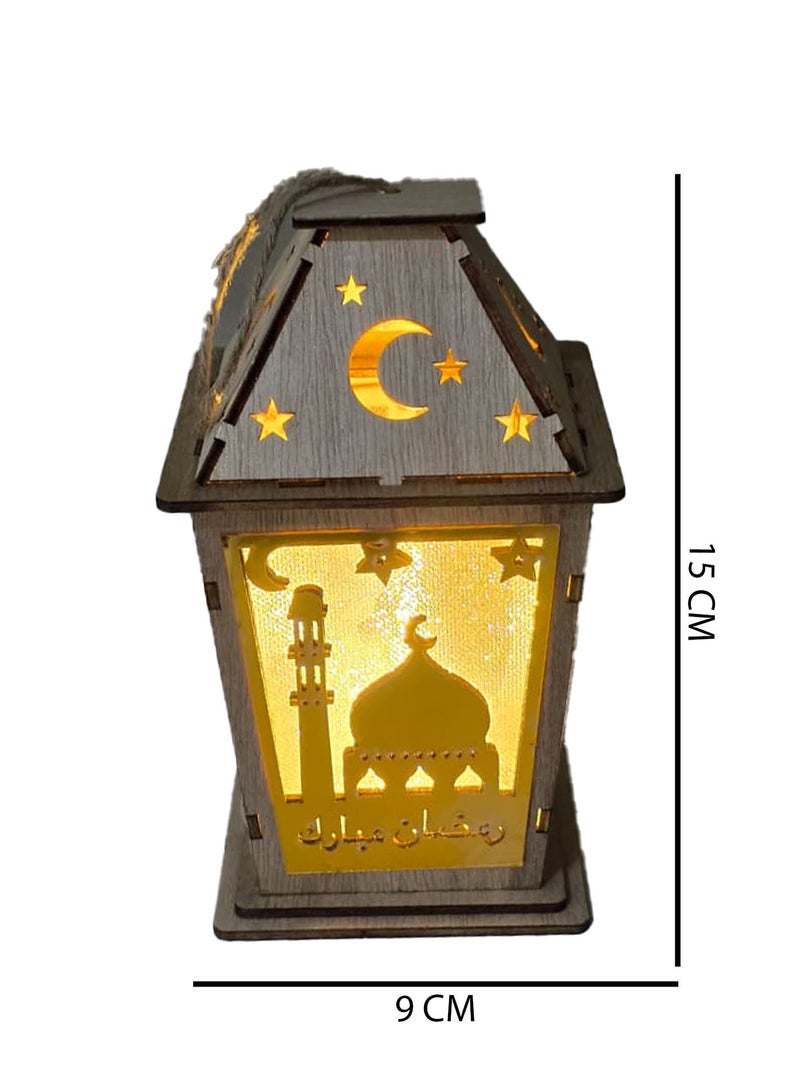 يوويل فانوس رمضاني خشبي قطعة واحدة بإضاءة بيضاء دافئة، مصباح زينة رمضان كريم بتصميم هلال ونجمة ومسجد، فانوس زينة للعيد للديكور المنزلي الإسلامي الداخلي والخارجي 15×9 سم - Image 2