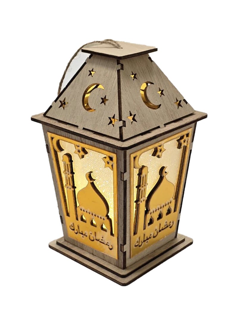 يوويل فانوس رمضاني خشبي قطعة واحدة بإضاءة بيضاء دافئة، مصباح زينة رمضان كريم بتصميم هلال ونجمة ومسجد، فانوس زينة للعيد للديكور المنزلي الإسلامي الداخلي والخارجي 15×9 سم - Image 3