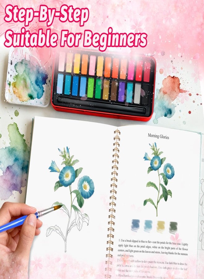 Cbcmpica Watercolor Workbook - Coloring Book Beginner Friendly Painting Kit, Watercolor Workbooks for Adults, Exploration Gift for Adults Teens (Flowers, 24 Color Palette) - Image 4
