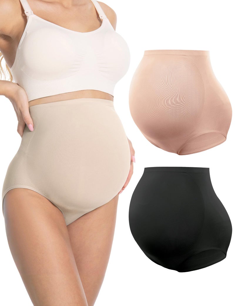 HOFISH Maternity Support Underwear for Women No Show Seamless Pregnancy Shapewear Underpants 2Pack Black Pink Large - Image 1