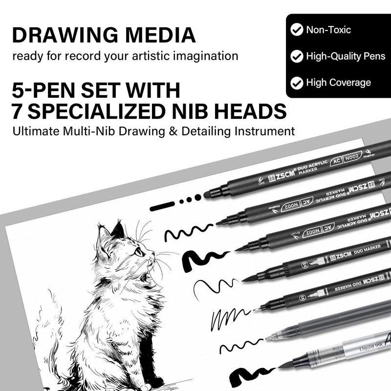 ZSCM 5 Pack Black Acrylic Ink Pens for Drawing, Fine Point Black Gel Pens, Brush Tip Markersï¼ŒDual-Tip Opaque Acrylic Markers for Highlighting Drawing, Sketching, Illustration, Card Making - Image 2