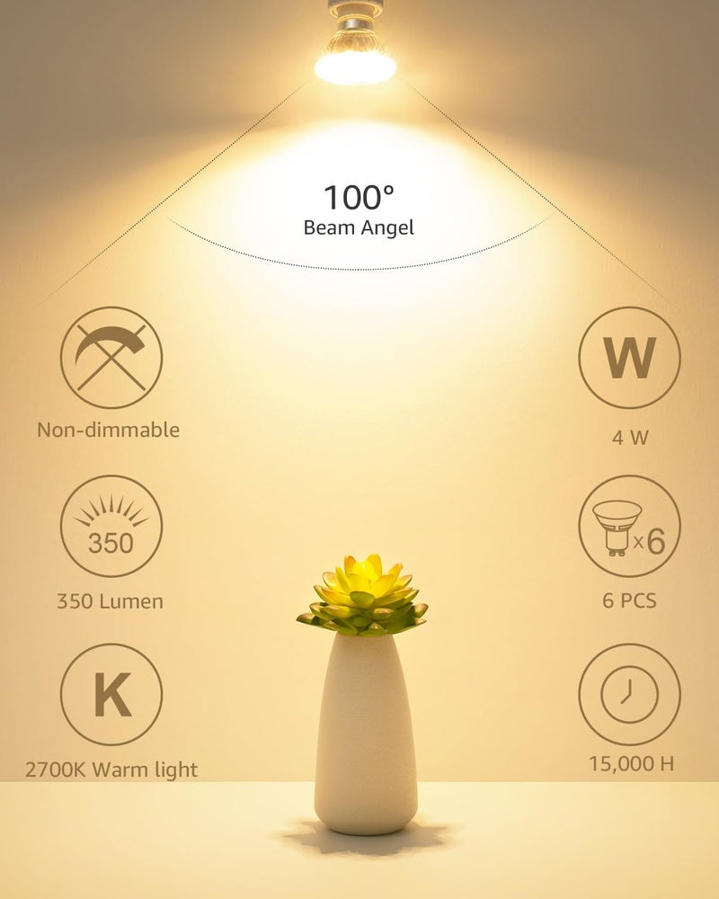 Lepro Non-Dimmable GU10 LED Light Bulbs, 2700K Soft Warm Light GU10 Bulb Replacement for Recessed Track Lights, 4W LED Bulbs with 100Â°Flood Beam for Kitchen, Range Hood, Living Room, Bedroom, 6 Pack - Image 2