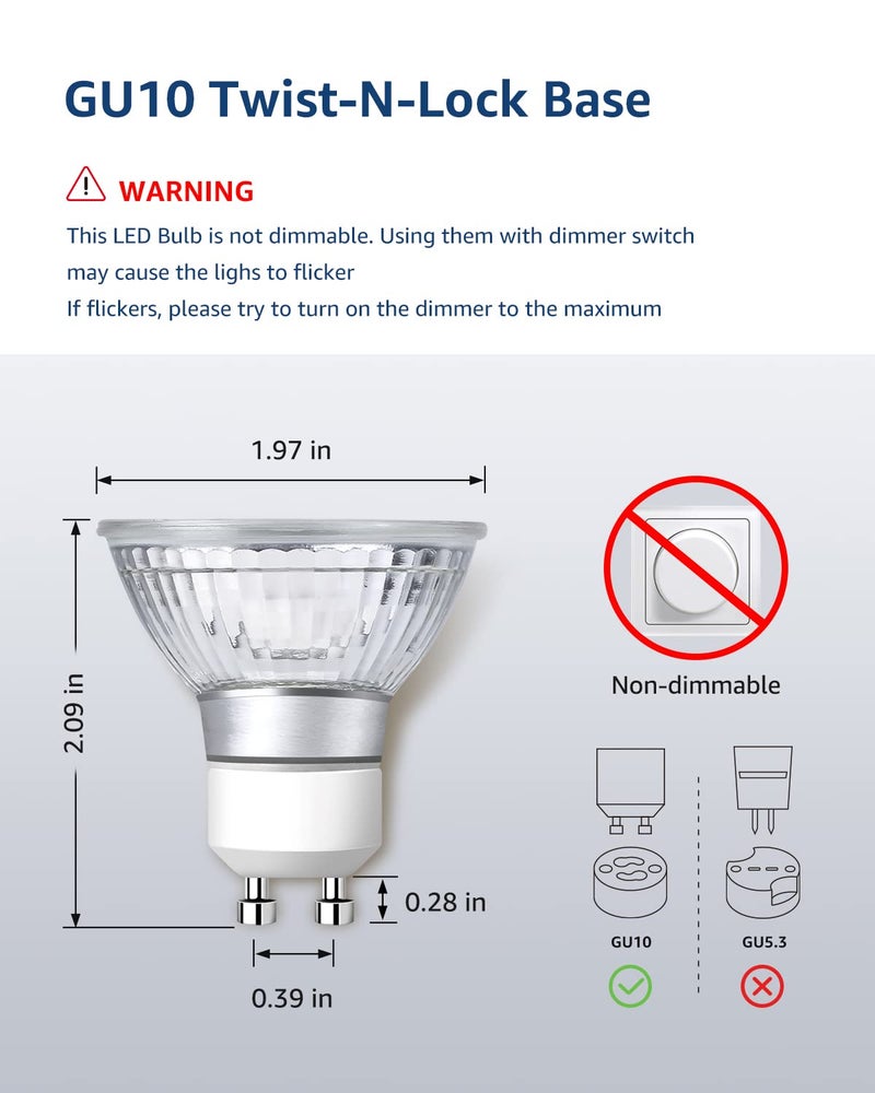 Lepro Non-Dimmable GU10 LED Light Bulbs, 2700K Soft Warm Light GU10 Bulb Replacement for Recessed Track Lights, 4W LED Bulbs with 100Â°Flood Beam for Kitchen, Range Hood, Living Room, Bedroom, 6 Pack - Image 3