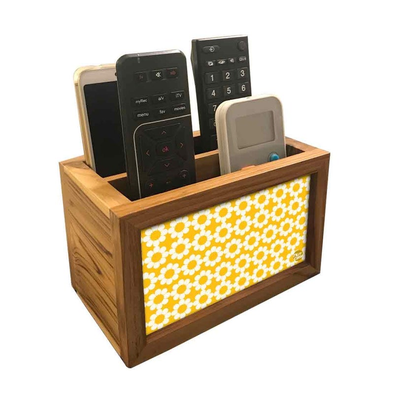 Nutcase Designer Teak Wood TV Remote Stand For Home Remote Holders Organizer Caddy for TV/AC Remotes Control -Multipurpose Desk Organiser-6�x4�x4� - Yellow Polka - Image 1