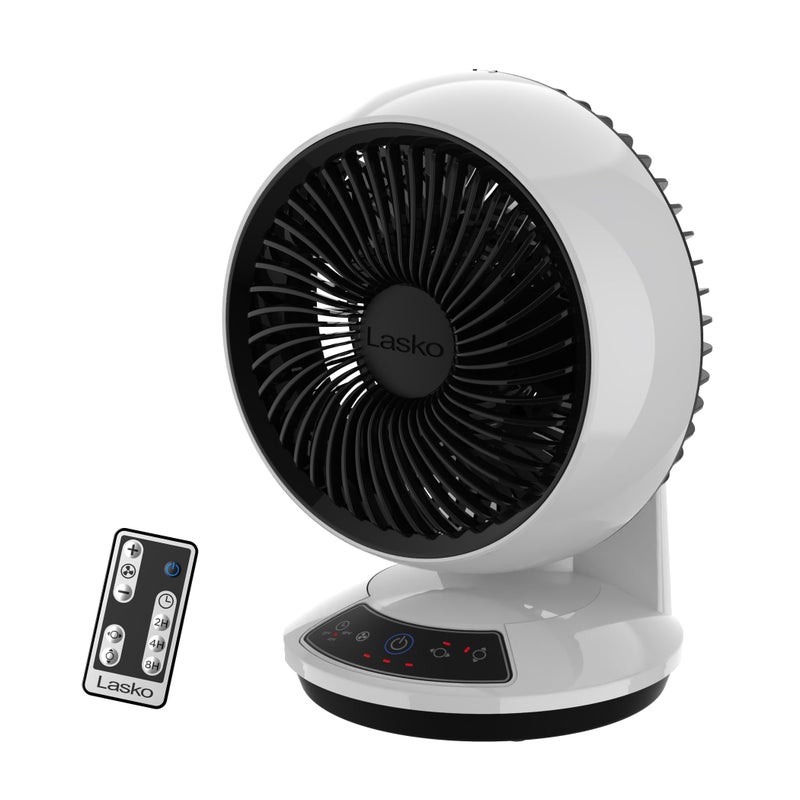 Lasko Whirlwind Orbital Motion Air Circulator Table Fan 3 Speeds Timer Dark Mode Remote Control for Small and Medium Sized Rooms White A12557