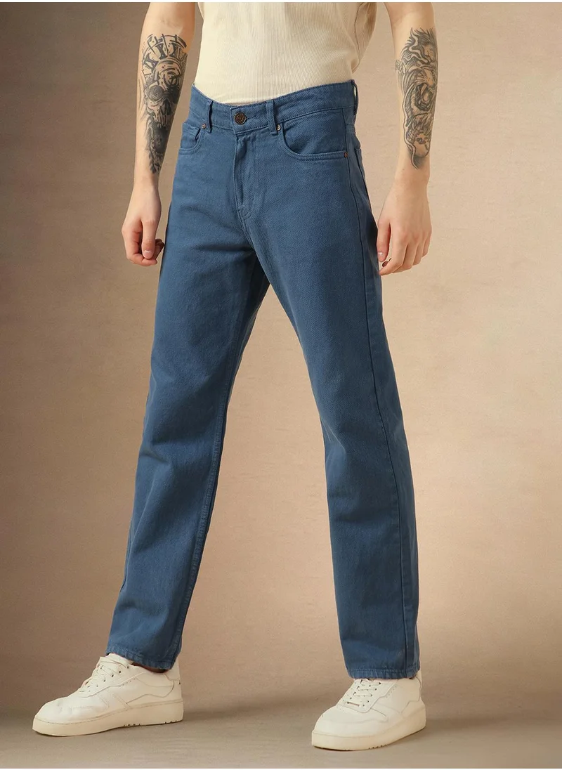 Dennis Lingo Men's Blue 100% Cotton Solid Full Length Relaxed Fit Jeans