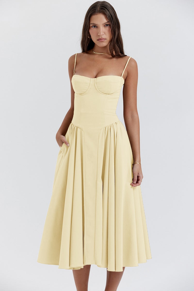 Elegant Court Style Low-Cut Strappy Maxi Dress Women Pale yellow 