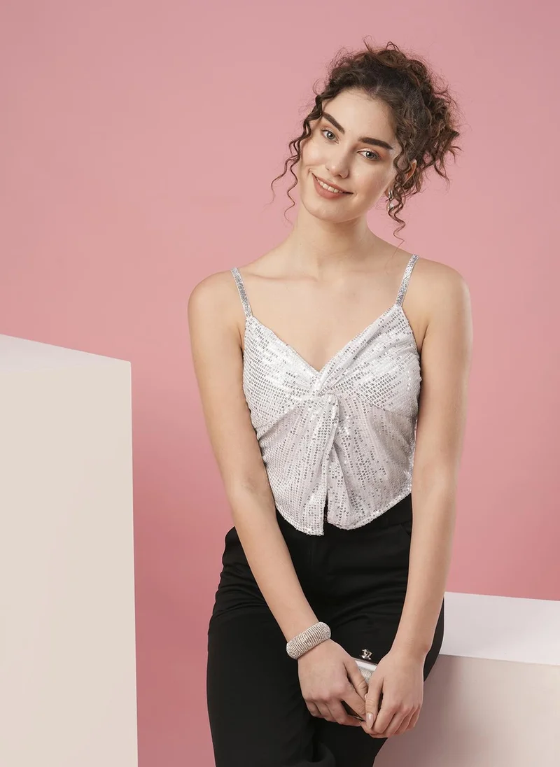 globus Globus Women Sweetheart Neck Shoulder Straps Twisted Detail Sequinned Party Top