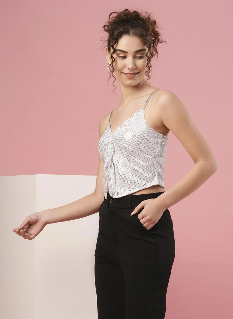 globus Globus Women Sweetheart Neck Shoulder Straps Twisted Detail Sequinned Party Top