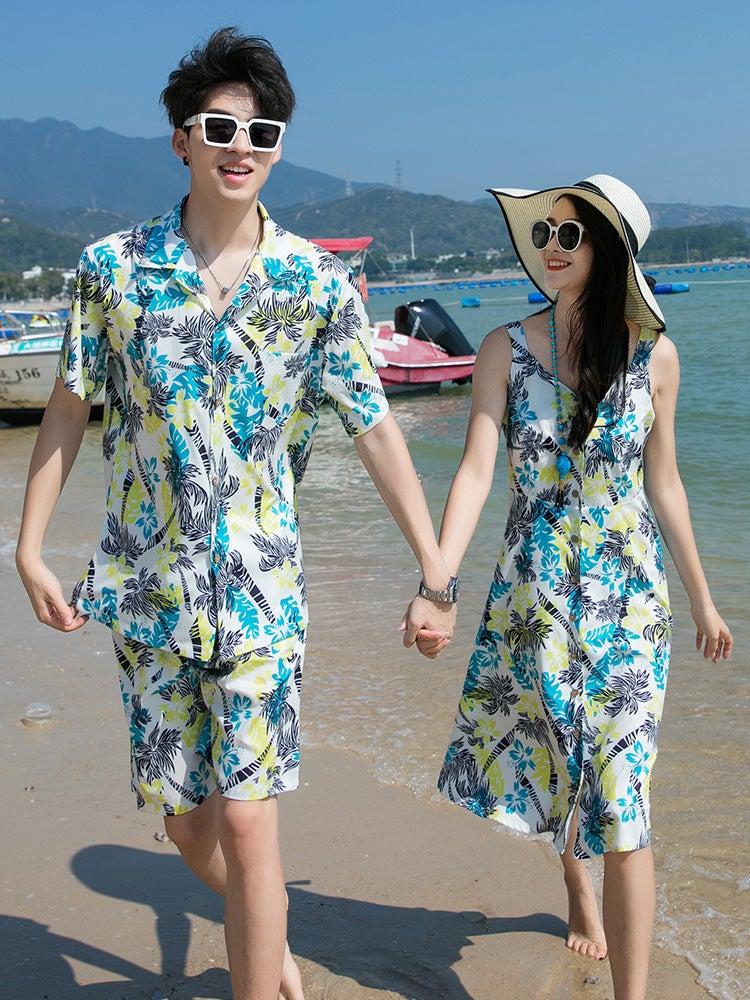 Couple''s summer wear 2024 seaside beach camping design Super fairy short sleeve shirt sling dress holiday set - Image 3