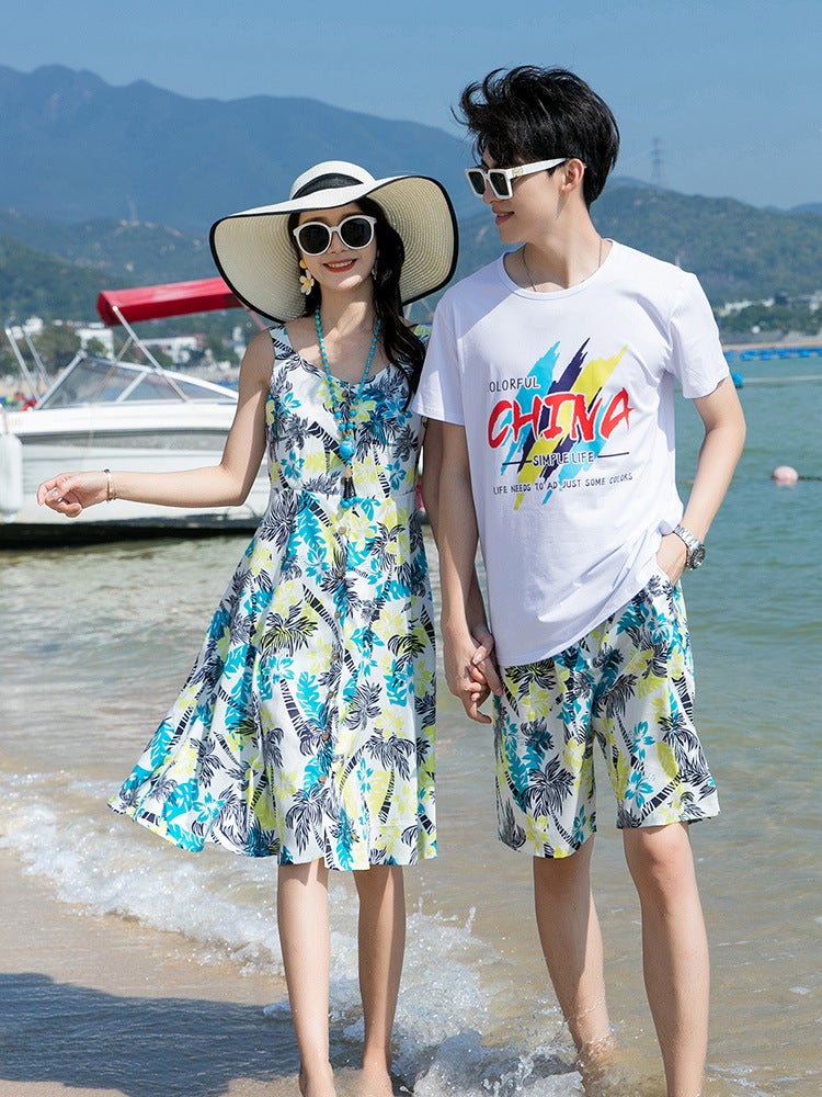 Couple''s summer wear 2024 seaside beach camping design Super fairy short sleeve shirt sling dress holiday set - Image 2
