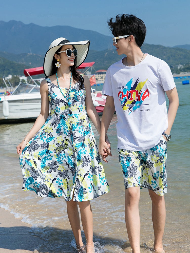 Couple''s summer wear 2024 seaside beach camping design Super fairy short sleeve shirt sling dress holiday set - Image 5