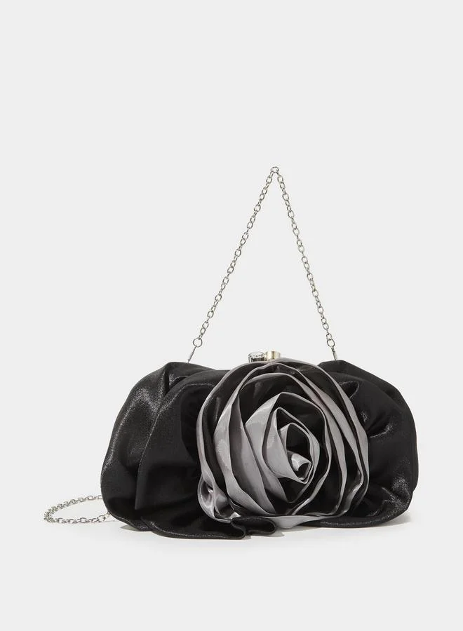 Black Rose Embellished Clutch with Removable Chain Strap