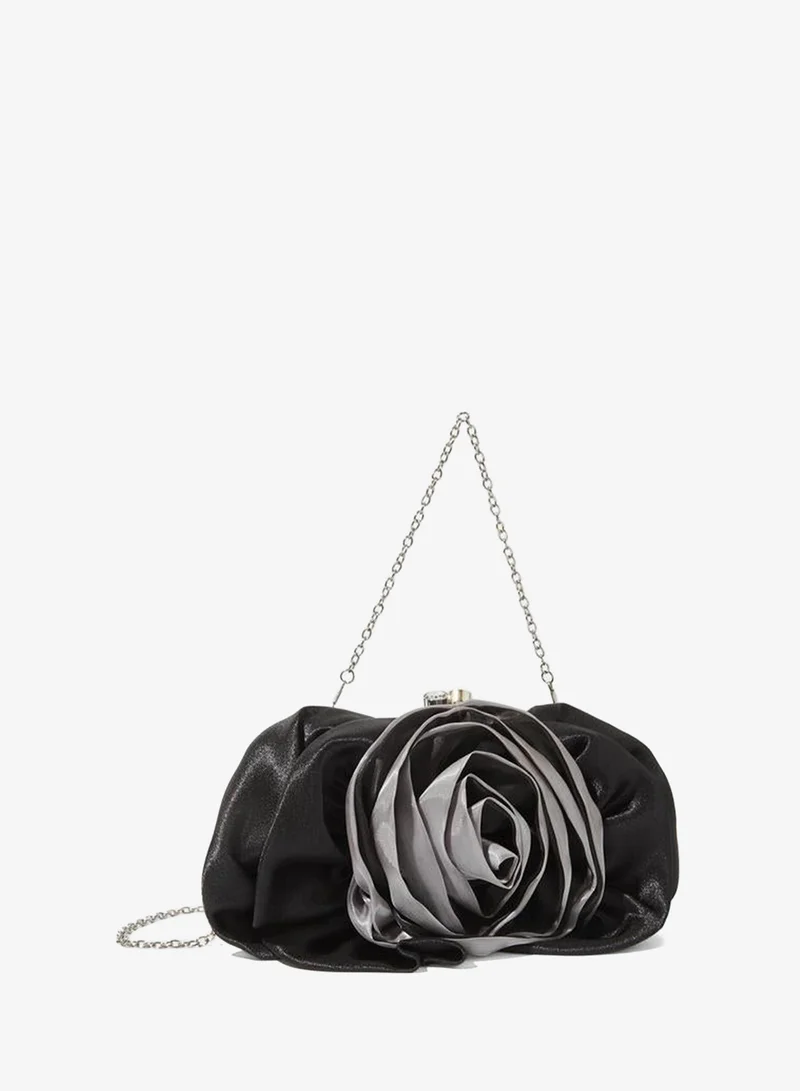 Black Rose Embellished Clutch with Removable Chain Strap