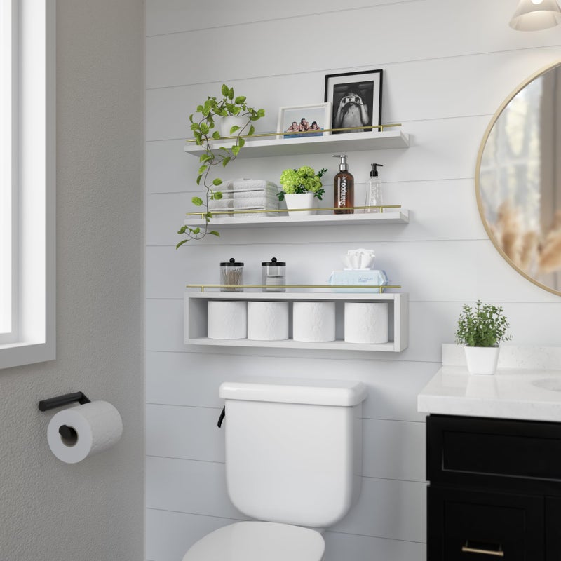 WOPITUES Floating Shelves for Wall 24 inch with Cube Shelf, Wall Shelves with Metal Rail for Decor, Bathroom Organizers and Storage, Over Toilet Shelves for Bathroom, Toilet Paper-White&Gold - Image 3