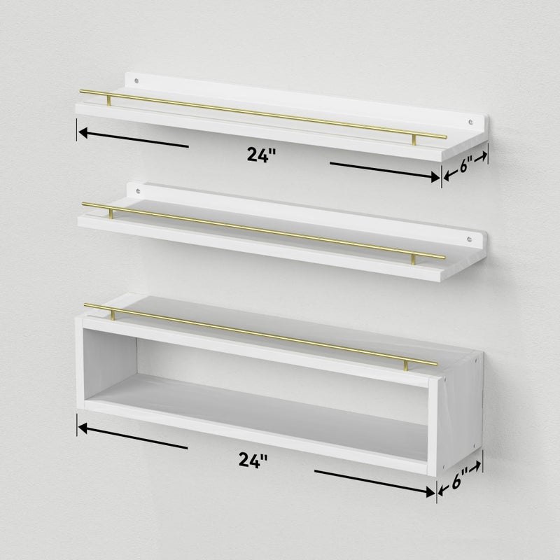 WOPITUES Floating Shelves for Wall 24 inch with Cube Shelf, Wall Shelves with Metal Rail for Decor, Bathroom Organizers and Storage, Over Toilet Shelves for Bathroom, Toilet Paper-White&Gold - Image 4