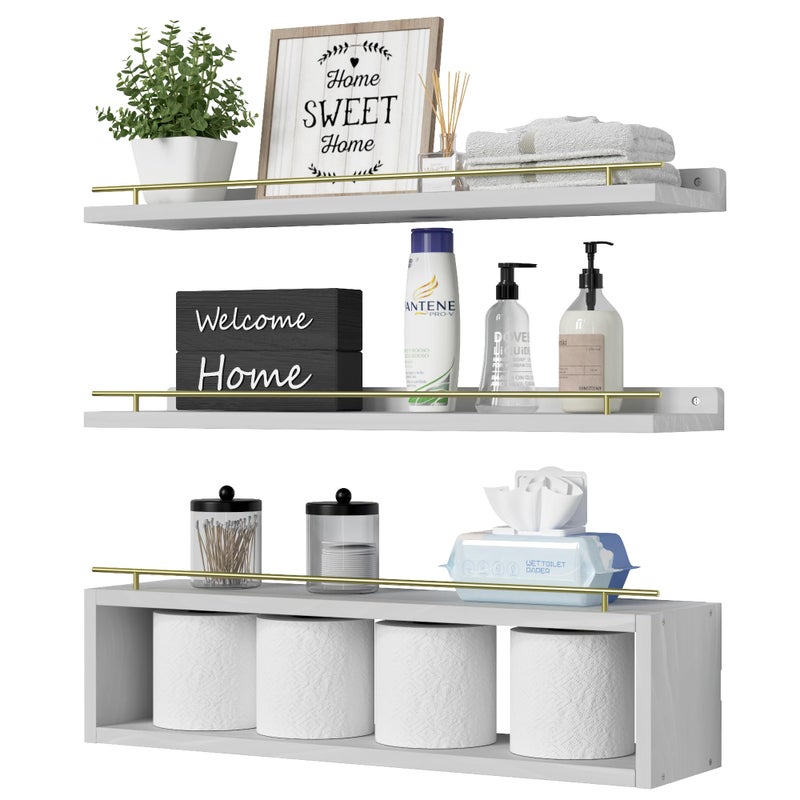 WOPITUES Floating Shelves for Wall 24 inch with Cube Shelf, Wall Shelves with Metal Rail for Decor, Bathroom Organizers and Storage, Over Toilet Shelves for Bathroom, Toilet Paper-White&Gold - Image 1
