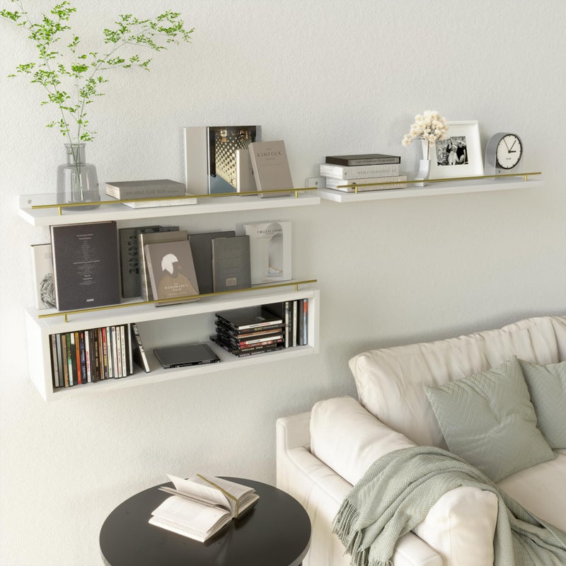 WOPITUES Floating Shelves for Wall 24 inch with Cube Shelf, Wall Shelves with Metal Rail for Decor, Bathroom Organizers and Storage, Over Toilet Shelves for Bathroom, Toilet Paper-White&Gold - Image 5