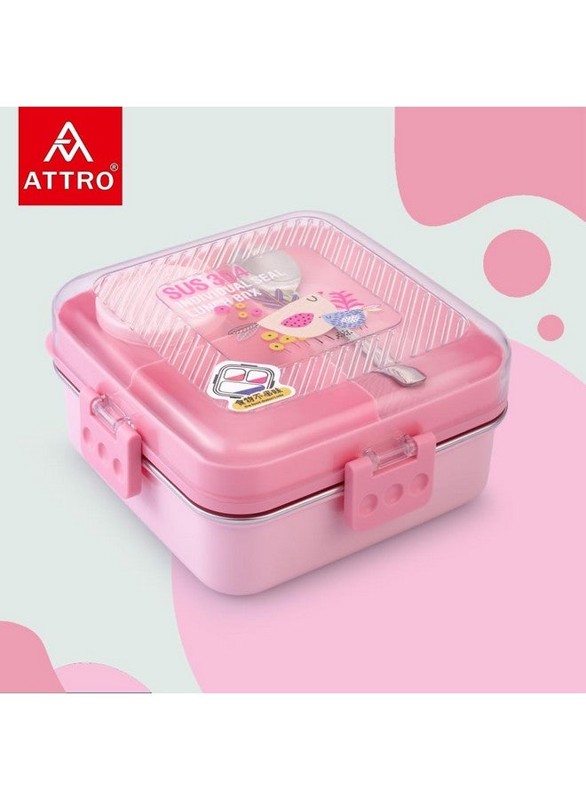 ATTRO Meal Box 2 Layer Stainless Steel Lunch Box Comes with 1 Detachable Tray, 1 Small Container & 1 Spoon Ideal for Kids BPA Free 1120ml+70ml- Pink - Image 4