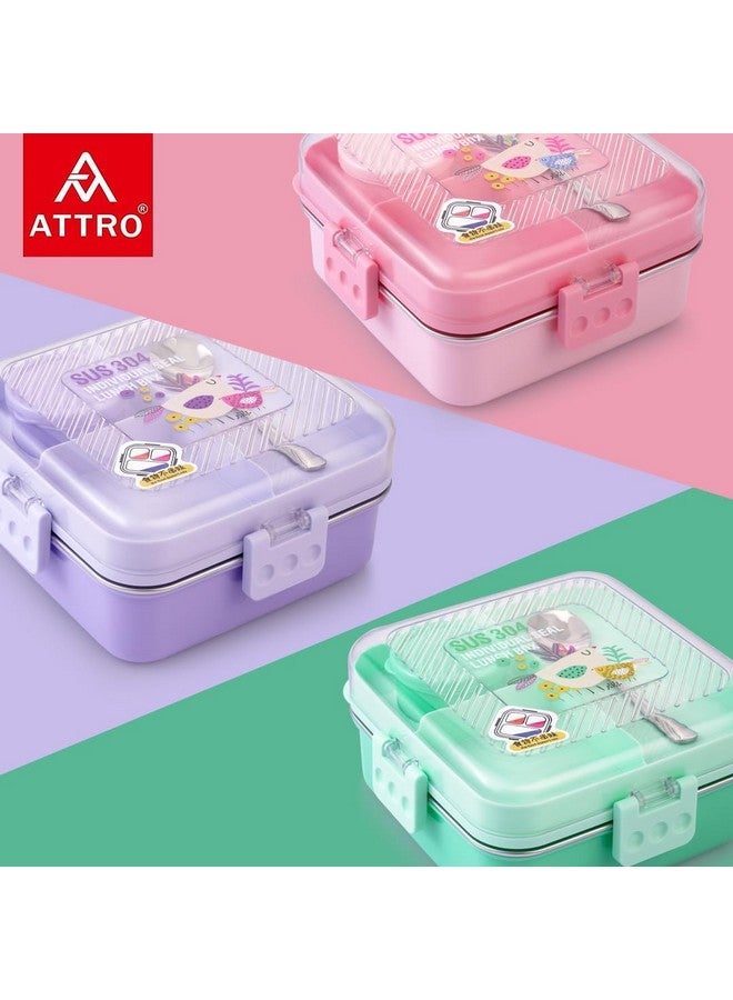 ATTRO Meal Box 2 Layer Stainless Steel Lunch Box Comes with 1 Detachable Tray, 1 Small Container & 1 Spoon Ideal for Kids BPA Free 1120ml+70ml- Pink - Image 3