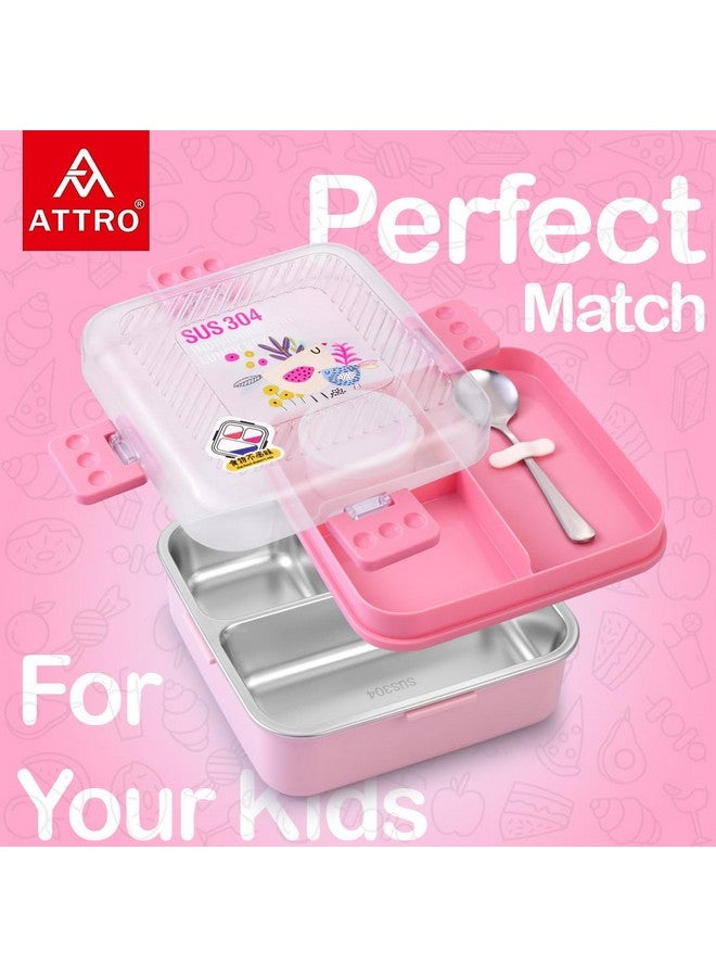 ATTRO Meal Box 2 Layer Stainless Steel Lunch Box Comes with 1 Detachable Tray, 1 Small Container & 1 Spoon Ideal for Kids BPA Free 1120ml+70ml- Pink - Image 2
