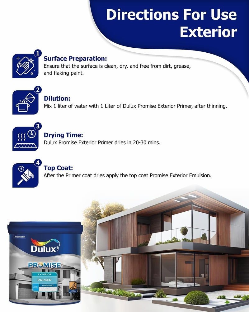 Dulux Promise Exterior Wall Paint Primer | Water Based Premium Wall Primer with Anti - Chalking & Superior Whiteness For Bright Walls (1 Litres) | 3 Years Warranty - Image 2