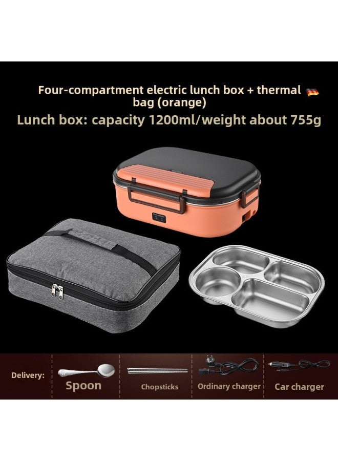 Electric Lunch Box Water Injection-free Heating Plug-in Electric Car Insulation Large Capacity Food Separated Hot Lunch Box-Specifications:(Orange) Electric Lunch Box Four Grids/insulation Bag * With Spoon  - Image 1