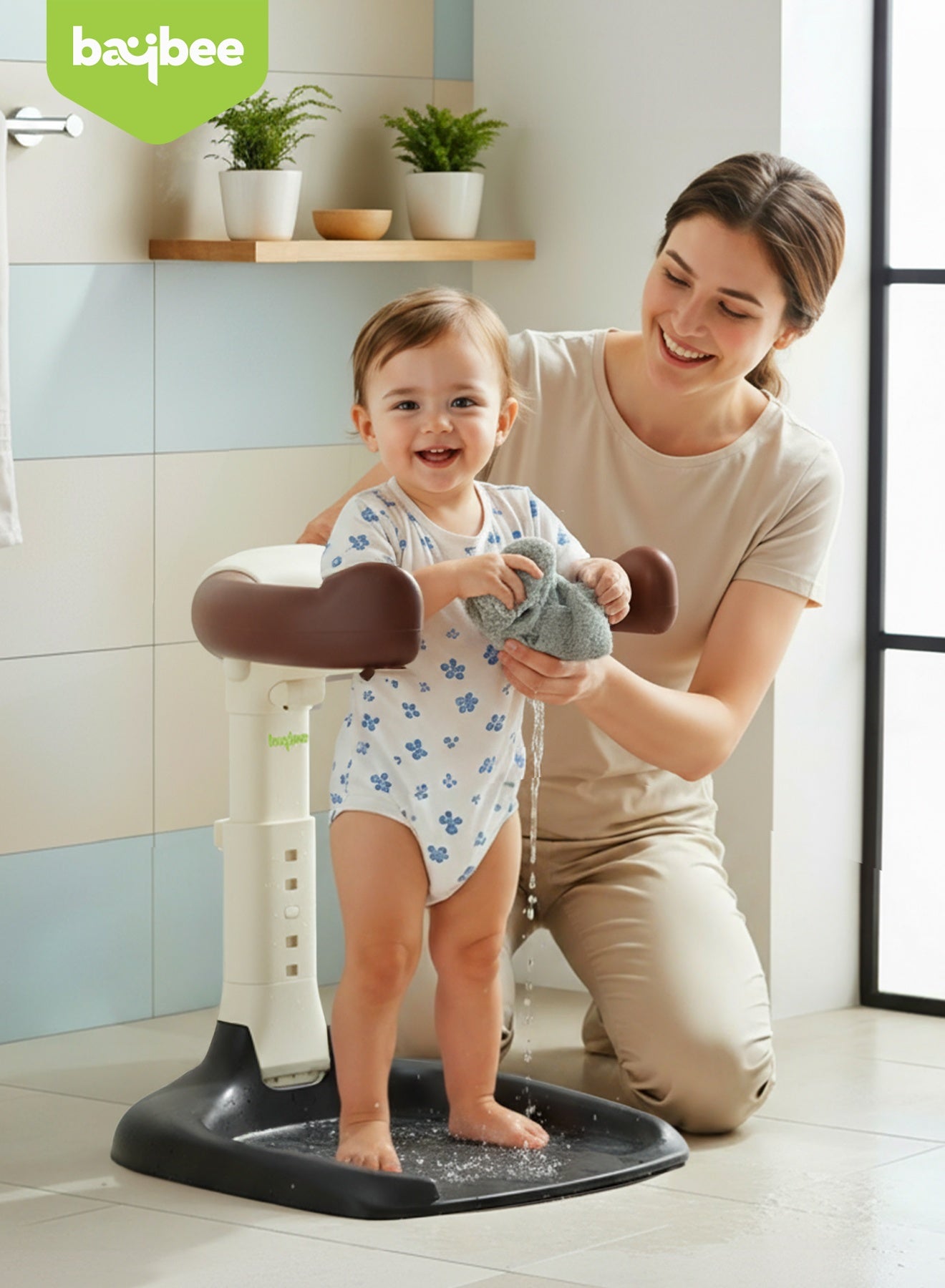 BAYBEE Foldable Baby Shower Stand with Huggable Bath Support, 5 level Adjustable Height, Anti Slip Base Portable Bath Helper for Infants & Toddlers Baby Bath Stand for Toddlers Baby Shower Stand Brown