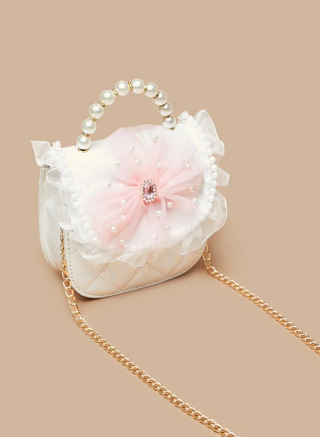 Flora Bella By Shoexpress Girls Pearl Studded Crossbody Bag with Frill Detail and Detachable Chain Strap
