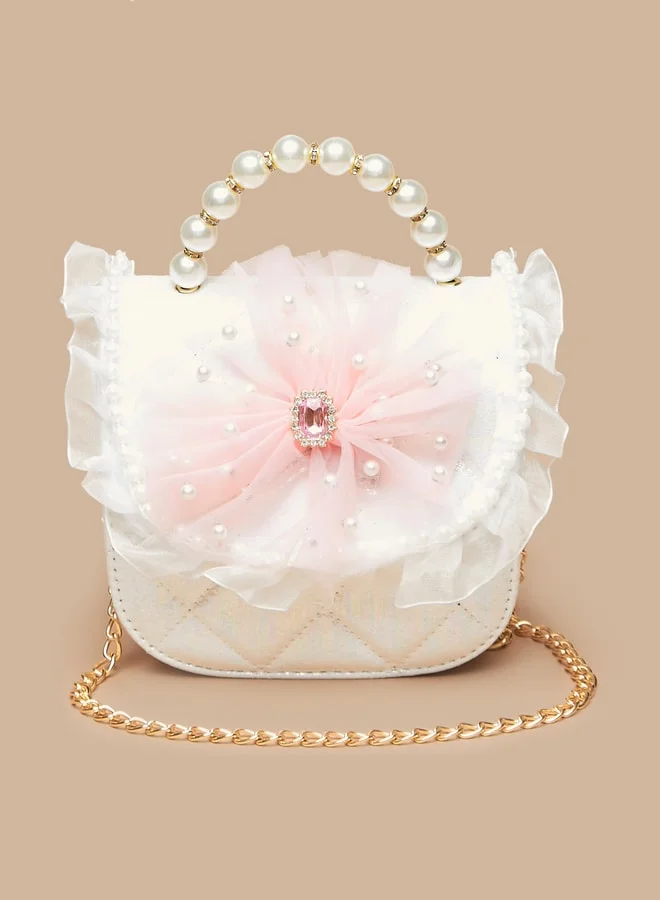 Flora Bella By Shoexpress Girls Pearl Studded Crossbody Bag with Frill Detail and Detachable Chain Strap