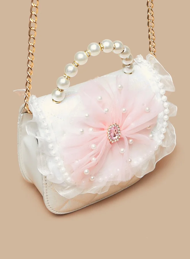 Flora Bella By Shoexpress Girls Pearl Studded Crossbody Bag with Frill Detail and Detachable Chain Strap