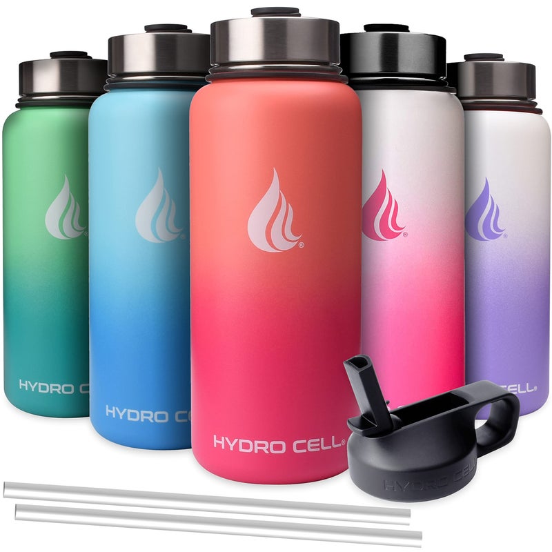 HYDRO CELL Stainless Steel Triple Insulated Water Bottle  2 Lids (64oz 40oz 32oz 24oz 18oz 14oz) - Metal Vacuum Flask with Modern Leakproof Sport Straw Design for Kids and Adults (White/Pink 32 oz) - Image 2