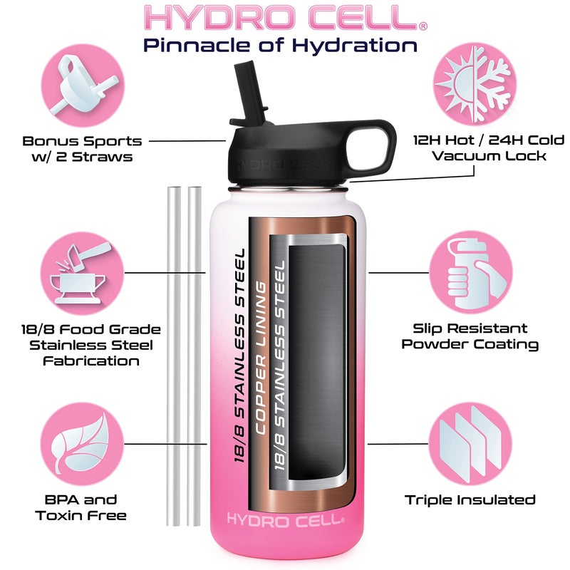 HYDRO CELL Stainless Steel Triple Insulated Water Bottle  2 Lids (64oz 40oz 32oz 24oz 18oz 14oz) - Metal Vacuum Flask with Modern Leakproof Sport Straw Design for Kids and Adults (White/Pink 32 oz) - Image 4