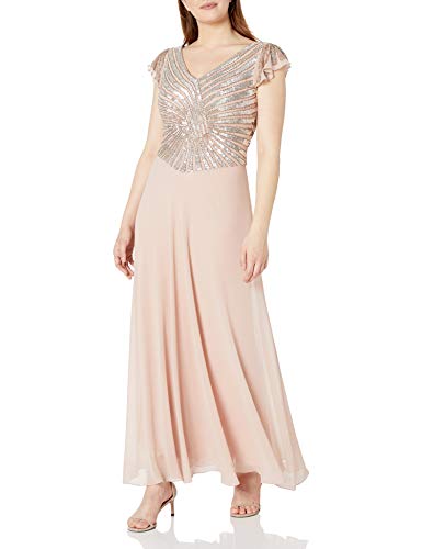 J Kara Women's Flutter Sleeve Long with Beads Dress, Blush/Blush/Silver, 16 - Image 3