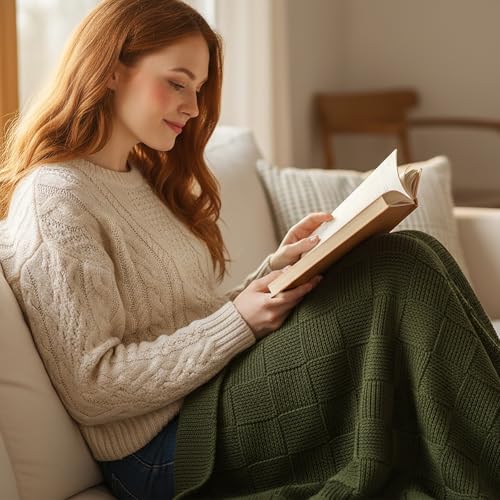 MACEVIA Olive Green Classical Checkered Blanket for Couch 50" X 60" Knitted Christmas Throw Blanket for Bed Sofa Living Room Christmas Decorative Blanket (Olive Green) - Image 2