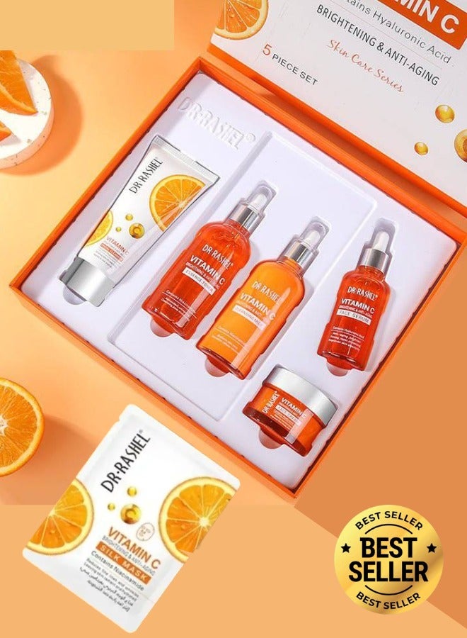 DR.RASHEL BEAUTY ELIXIRS Vitamin C Brightening and Anti Aging Skin Care Set 5pcs with Toner Serum Cream Face Wash Cleansing Milk Plus Free Vitamin C Silk Mask  - Image 1