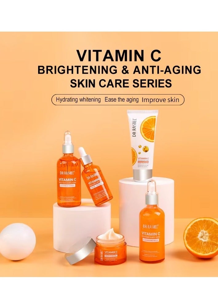 DR.RASHEL BEAUTY ELIXIRS Vitamin C Brightening and Anti Aging Skin Care Set 5pcs with Toner Serum Cream Face Wash Cleansing Milk Plus Free Vitamin C Silk Mask  - Image 3