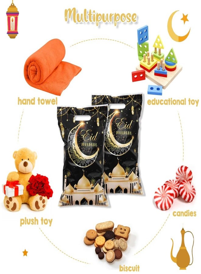 Boerni Eid Mubarak Gift Bags with Die Cut Handles, 50pcs - Gold Muslim Mosque Moon Stars Lantern Print Ramadan Theme Black Goodie Candy Snack Plastic Bags Pouch for Muslim Islamic Diwali Party Favor Kids Gifts - Image 4