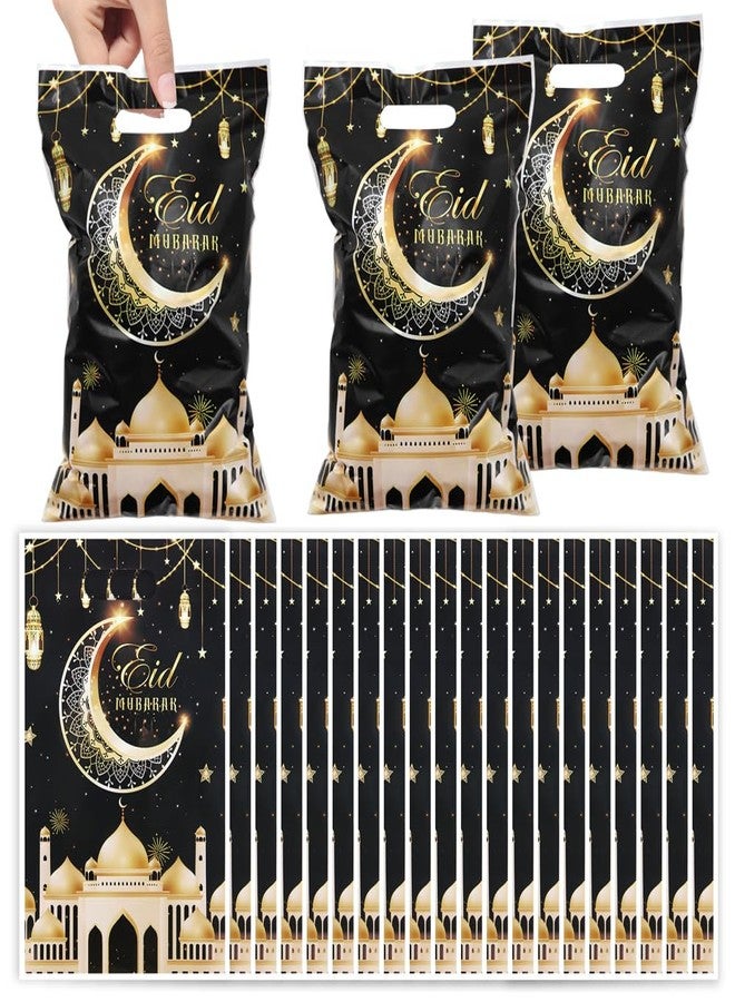 Boerni Eid Mubarak Gift Bags with Die Cut Handles, 50pcs - Gold Muslim Mosque Moon Stars Lantern Print Ramadan Theme Black Goodie Candy Snack Plastic Bags Pouch for Muslim Islamic Diwali Party Favor Kids Gifts - Image 1