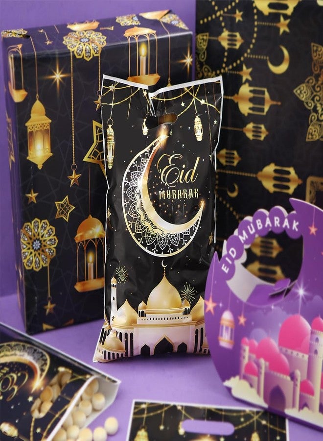 Boerni Eid Mubarak Gift Bags with Die Cut Handles, 50pcs - Gold Muslim Mosque Moon Stars Lantern Print Ramadan Theme Black Goodie Candy Snack Plastic Bags Pouch for Muslim Islamic Diwali Party Favor Kids Gifts - Image 5