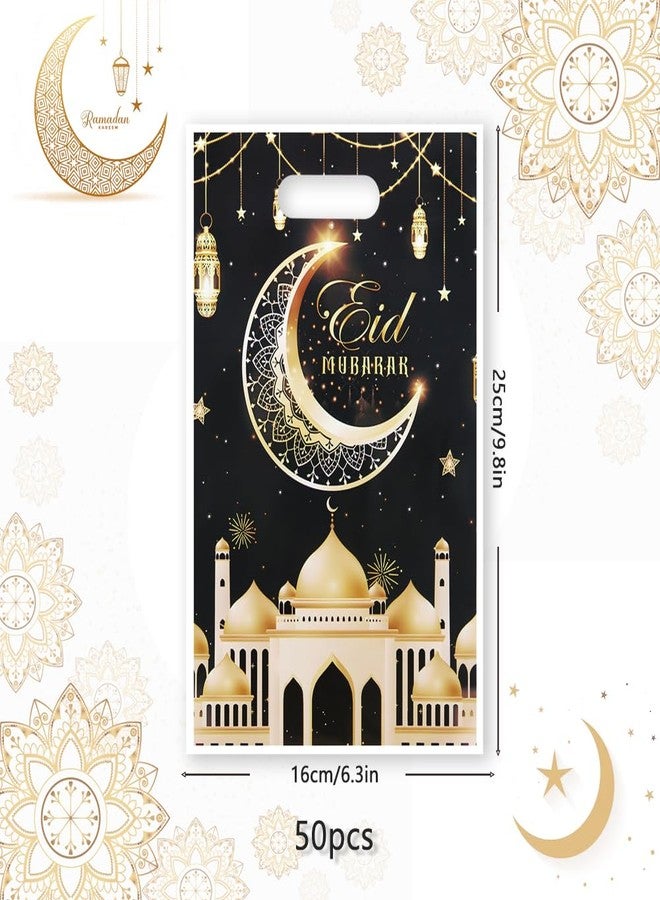 Boerni Eid Mubarak Gift Bags with Die Cut Handles, 50pcs - Gold Muslim Mosque Moon Stars Lantern Print Ramadan Theme Black Goodie Candy Snack Plastic Bags Pouch for Muslim Islamic Diwali Party Favor Kids Gifts - Image 2