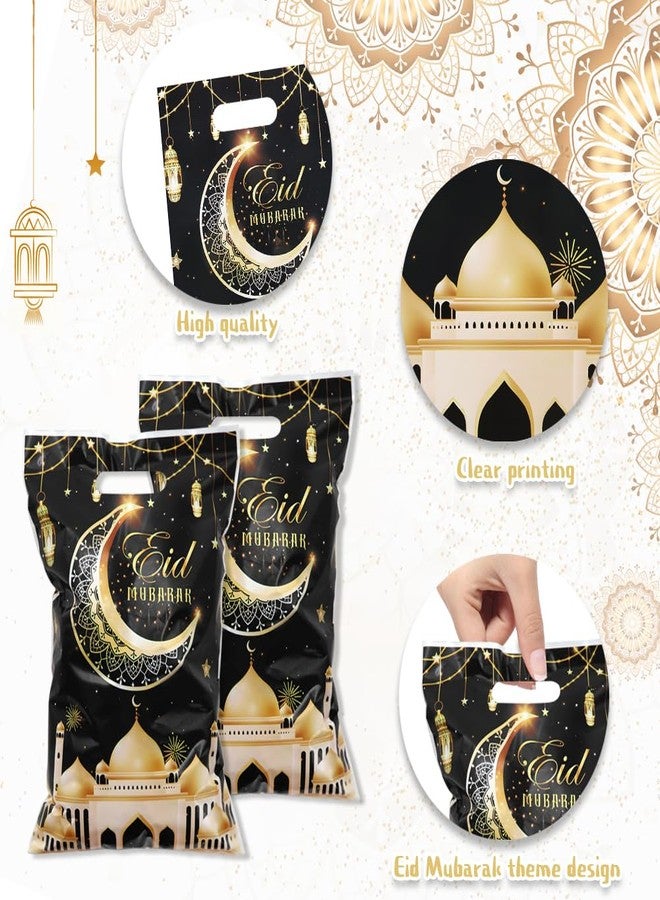 Boerni Eid Mubarak Gift Bags with Die Cut Handles, 50pcs - Gold Muslim Mosque Moon Stars Lantern Print Ramadan Theme Black Goodie Candy Snack Plastic Bags Pouch for Muslim Islamic Diwali Party Favor Kids Gifts - Image 3