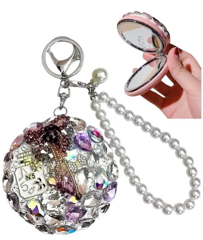 Tera13 TERA 13 Mirror for Makeup 1 Pcs Round Shape Mirror Keyring for Girls Crystal Portable Miror Small Mirror Keychain Mirror for Women Purse Bag Handheld Folding Travel Mirror  - Image 1