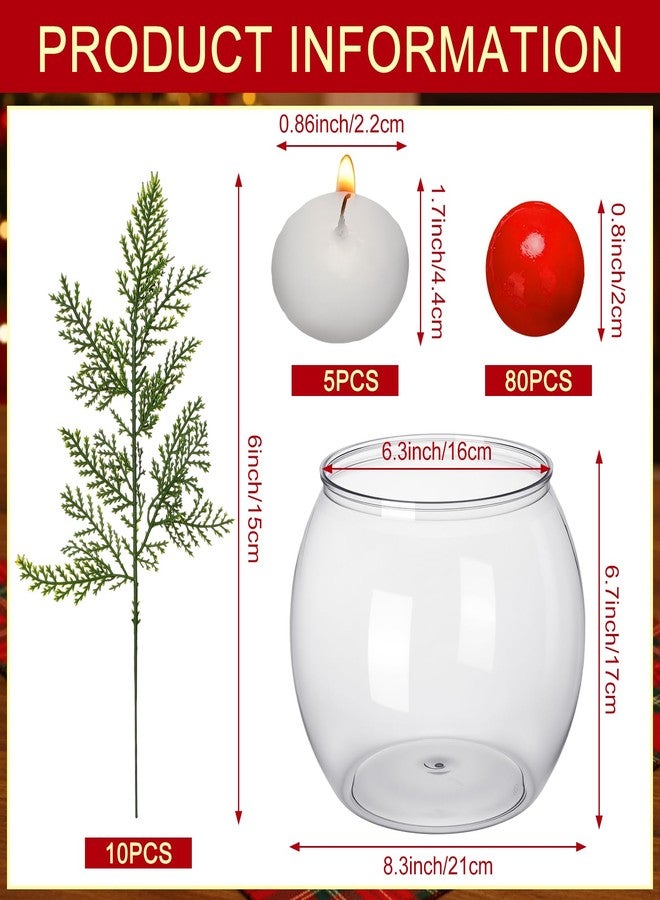 Vesici 96 Pcs Christmas Vase Filler Set Christmas Table Decoration with Vase - Plastic Clear Decorative Bowl, Artificial Red Berries Beads, Faux Pine Needles, Floating Candles for DIY Crafts Supplies - Image 2